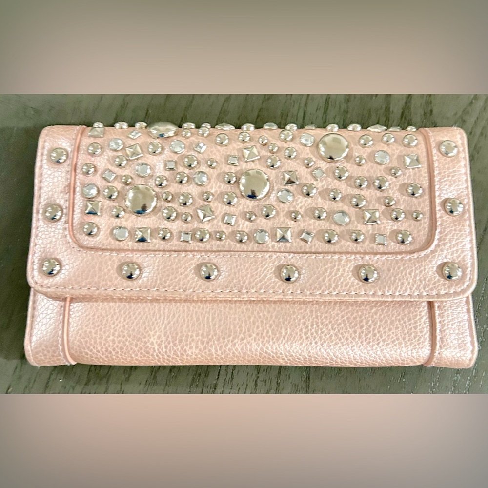 JLO pink wallet with stones on the front. Full size wallet